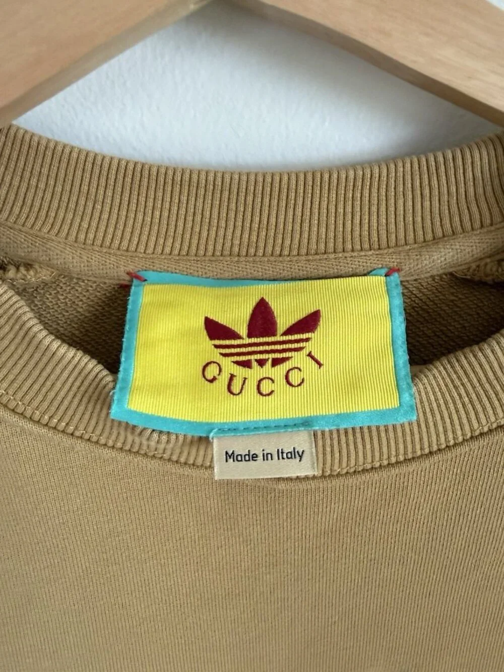 Gucci x Adidas Cotton Jersey Trefoil Sweatshirt Camel Brown Logo Sporty Preppy L